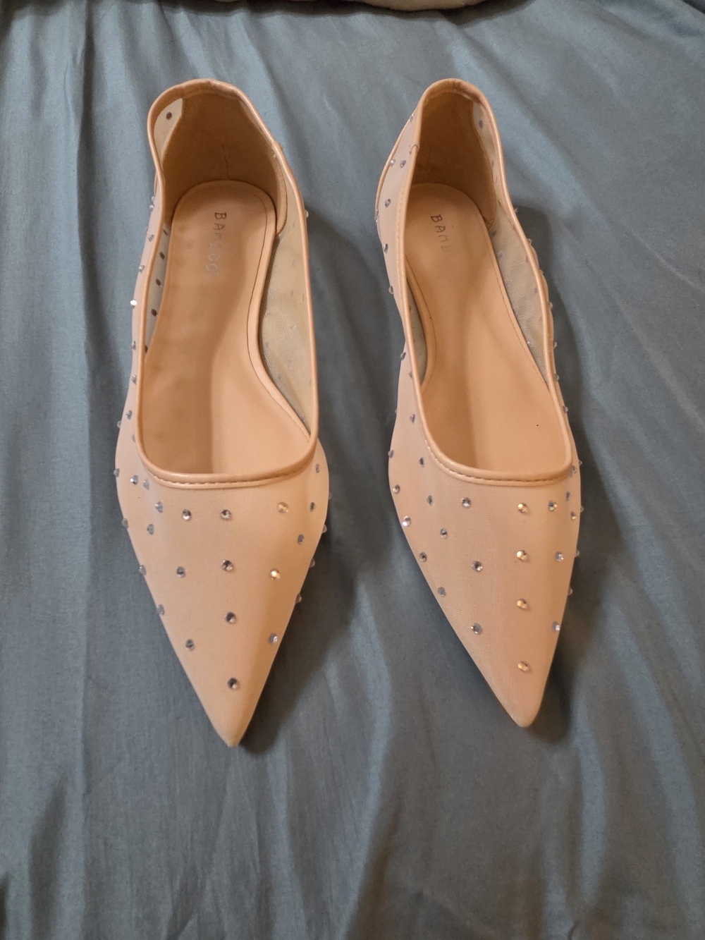Nude Mesh Rhinestone Pointed Toe Ballet Flats Size 9